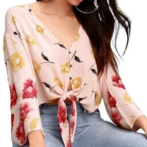 Billabong Desert Sunrise Peach Floral Print Button-Up Tie-Front Top Sz S